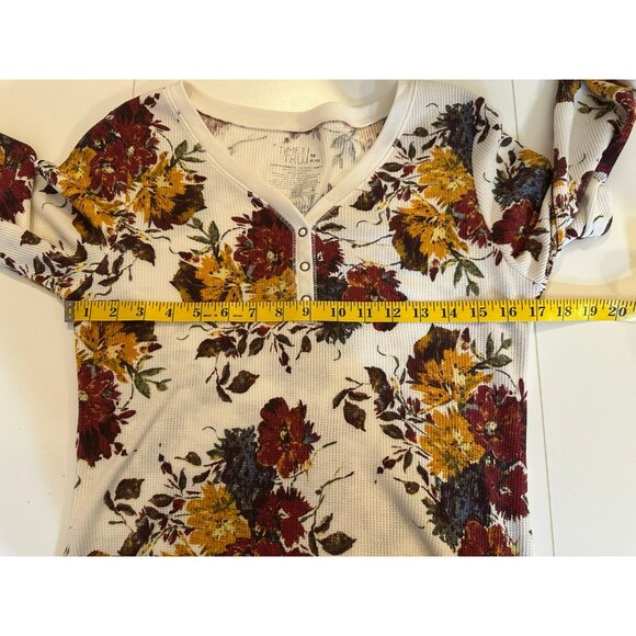 Floral Waffle Knit Henley Top M Soft Cozy Fall Colors Long Sleeve Tee - Picture 5 of 5